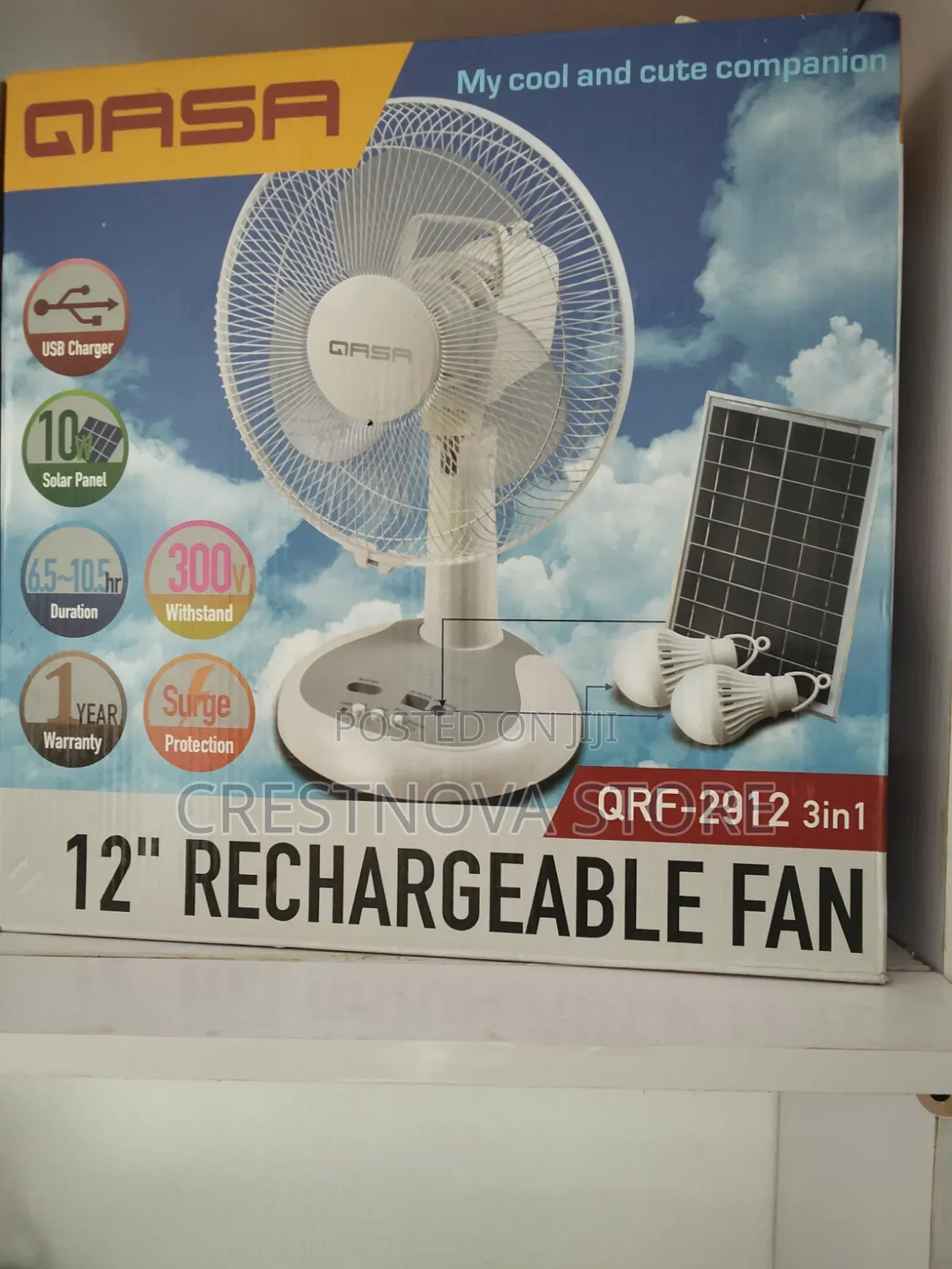 Qasa 12 Inches 3 in 1 Rechargeable Table Fan With Solar Panel Bulbs