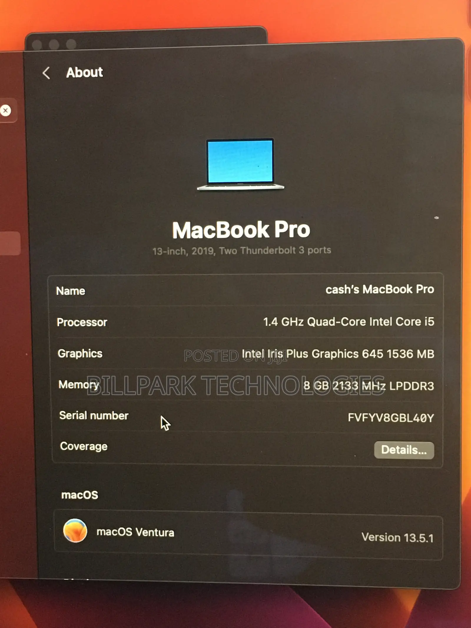 Laptop Apple MacBook Pro 2019 8GB Intel Core i5 SSD 128GB