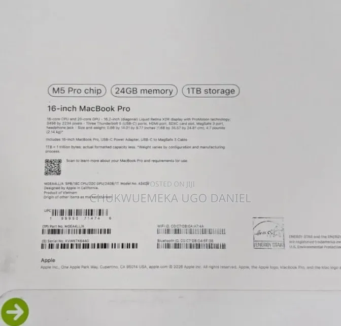 New Laptop Apple MacBook Pro 2026 M5 Pro 24GB Apple M5 Pro SSD 1T