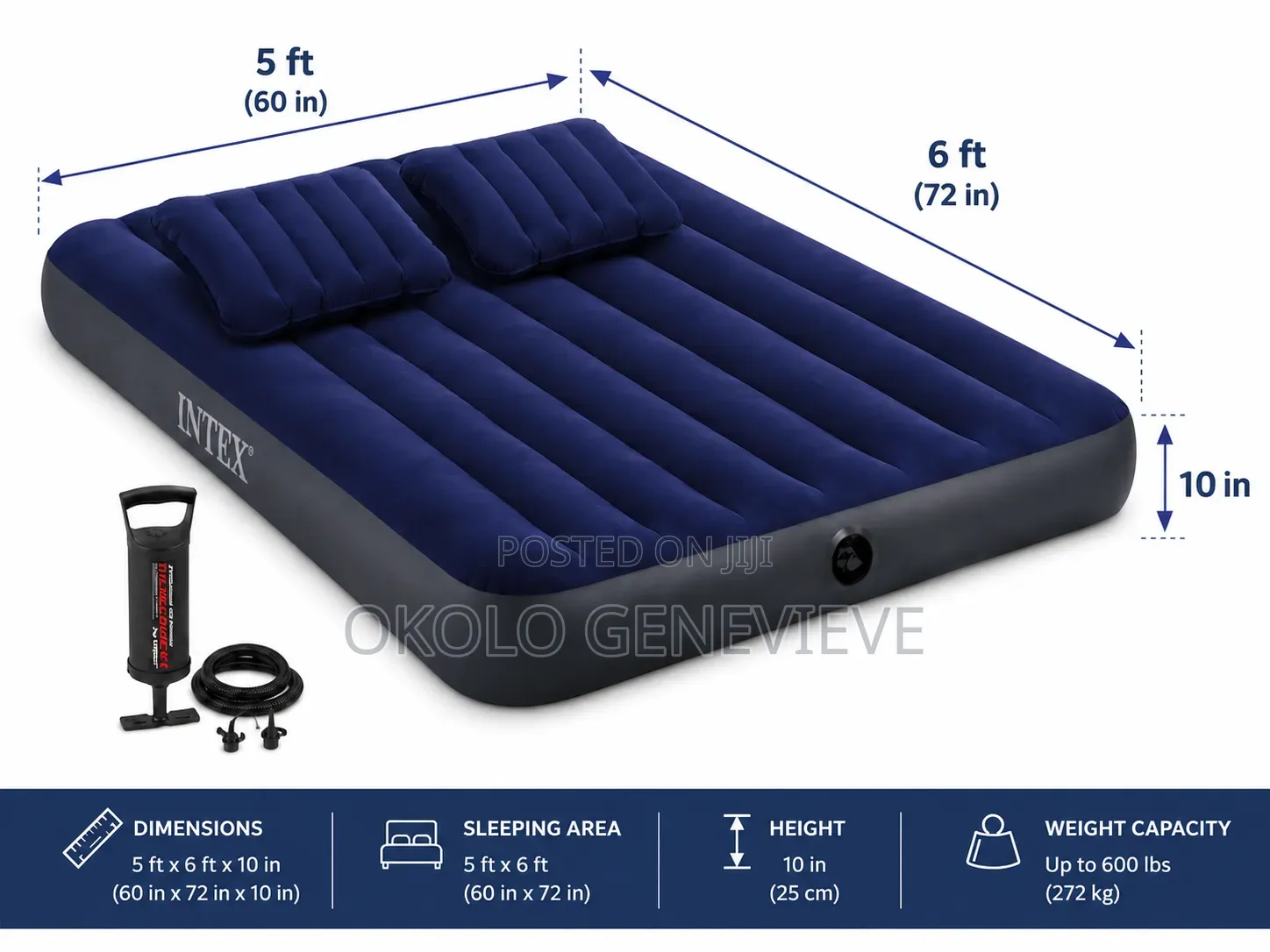 3 Person Inflatable Airbed With 2 Pillows and Pump