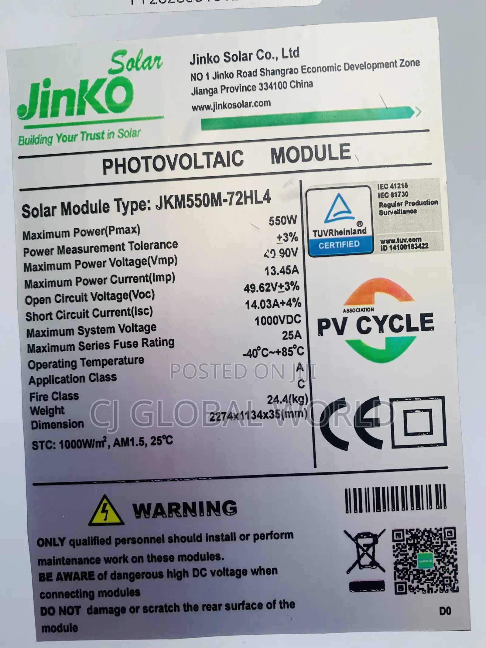 550W Jinko Solar Panel