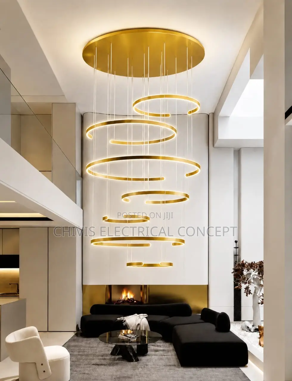 Luxury Design Staircase, High Roof Ring Dropping Chandelier