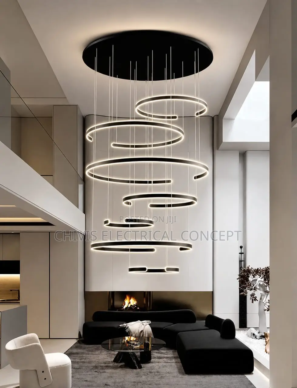 Luxury Design Staircase, High Roof Ring Dropping Chandelier