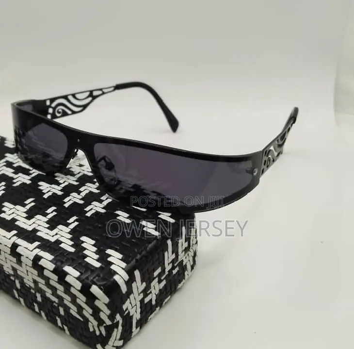 Black Wraparound Sunglasses With Patterned Temples.