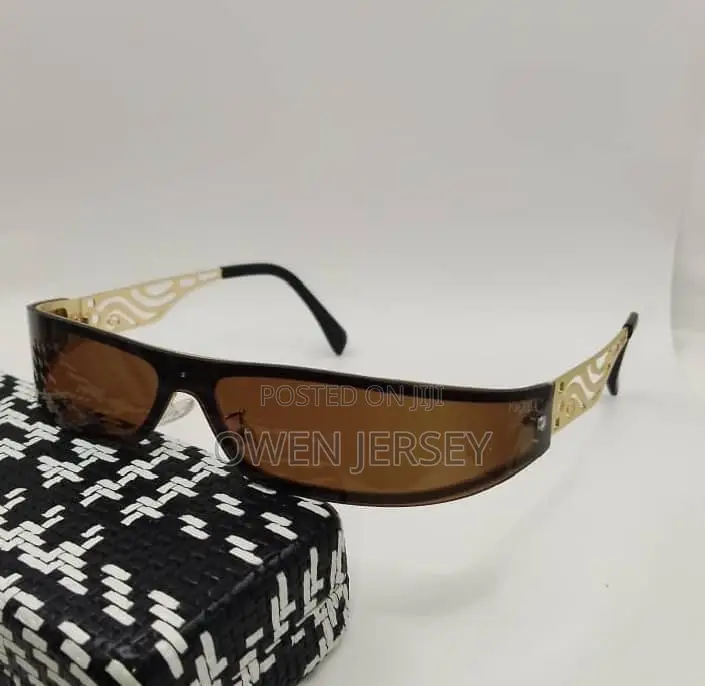 Black Wraparound Sunglasses With Patterned Temples.