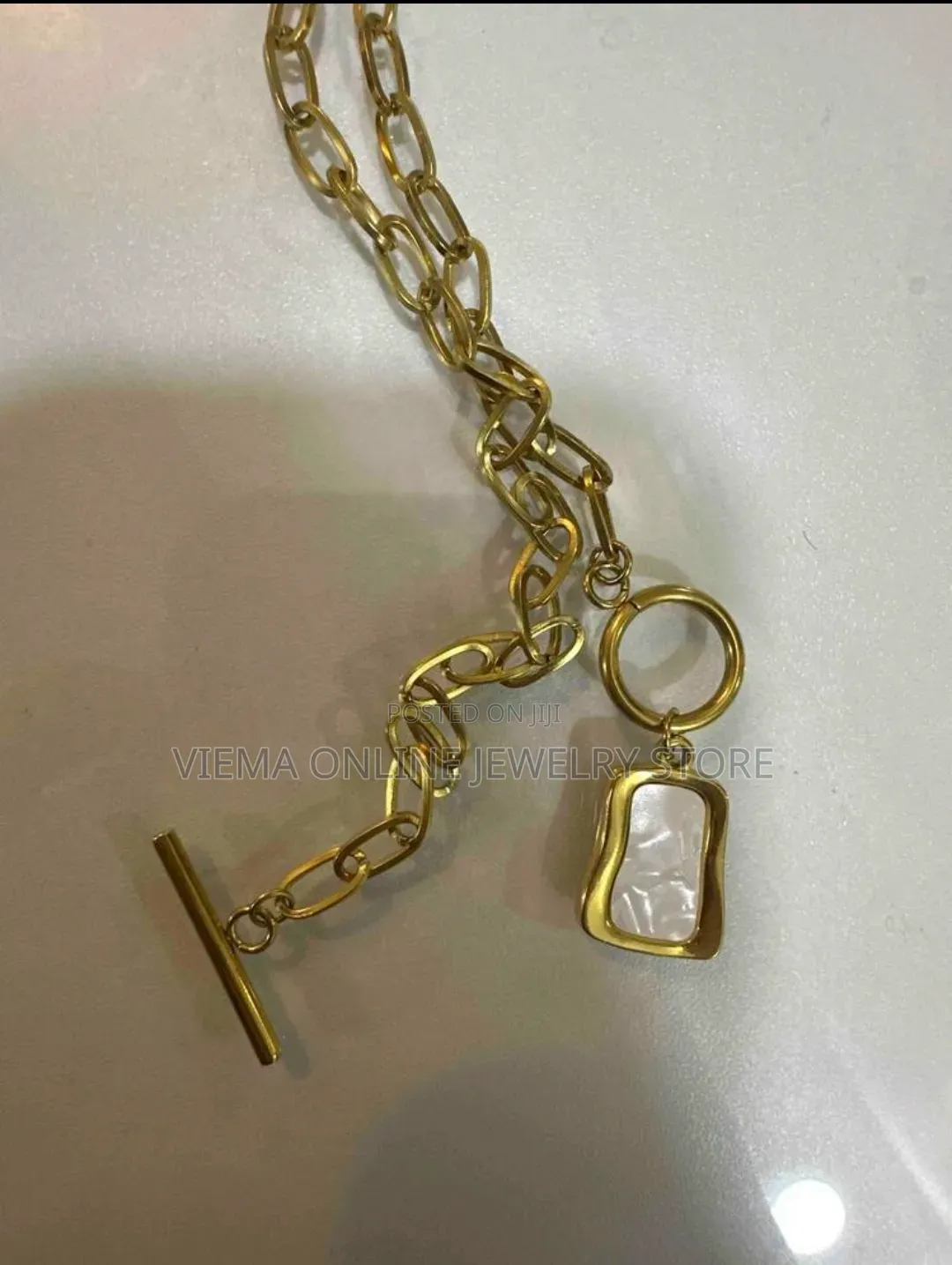 1pc Gold Tone Vintage White Bead Chain Stainless Steel Necklace
