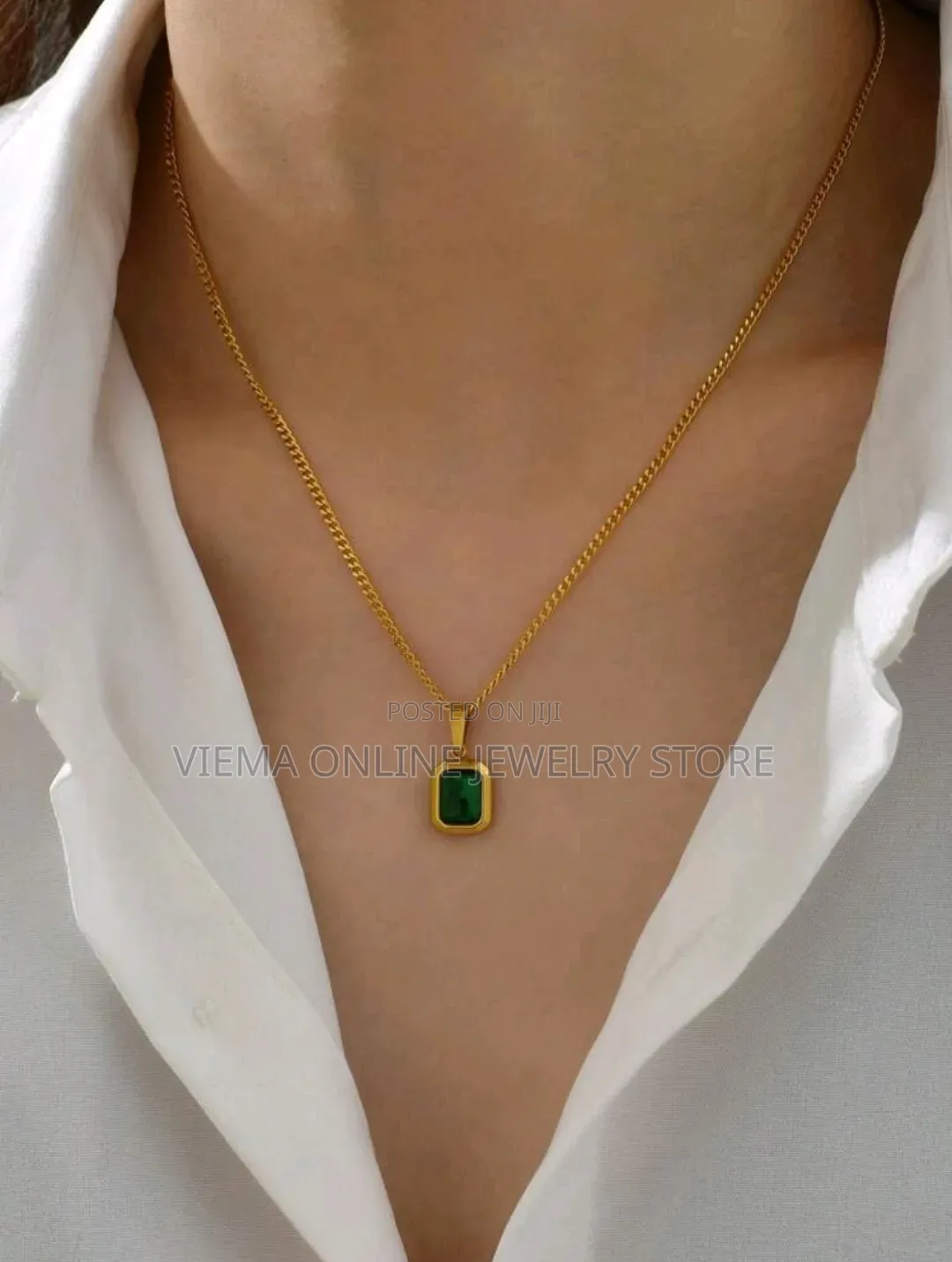 1pc Vintage Stainless Steel Green Stone Necklace