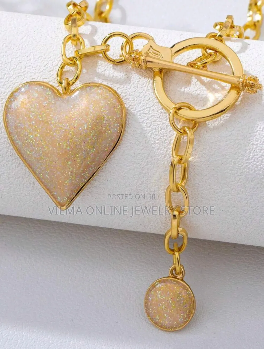1pc Fashionable 3D Alloy Red Heart Gold Water Drop Pendant Necklace