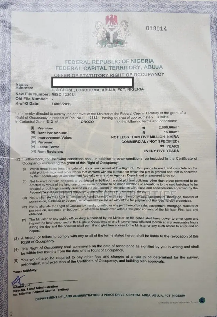 R/O 4 Hectares Land for Sell at Orozo, Abuja