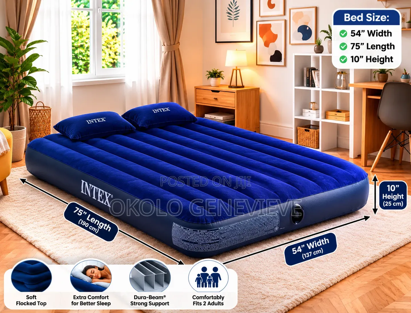 Intex Standard 2 Person Airbed With 2 Pillows and Pump