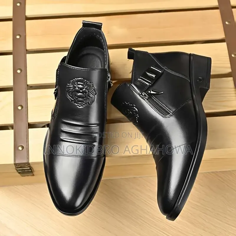 Premium Men's Leather Ankle Boots - Lion Head Embossed Side-Zip Shoes.