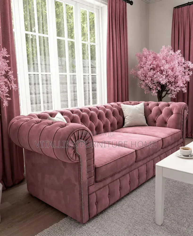 Luxury Dusty Pink Velvet Chesterfield Sofa With Silver Studs