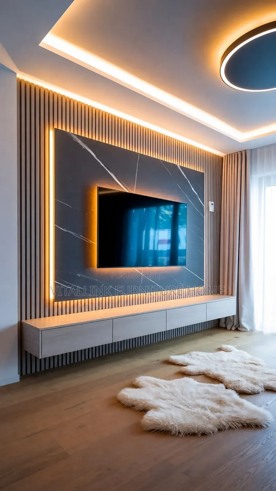 Luxury Fluted Wood Marble TV Wall With LED Floating Console