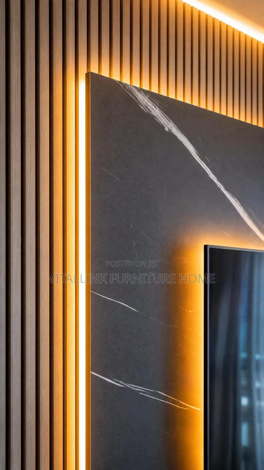 Luxury Fluted Wood Marble TV Wall With LED Floating Console