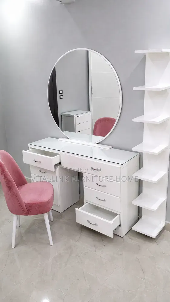 Luxury White Vanity Set With Round Mirror, Chair Shelves