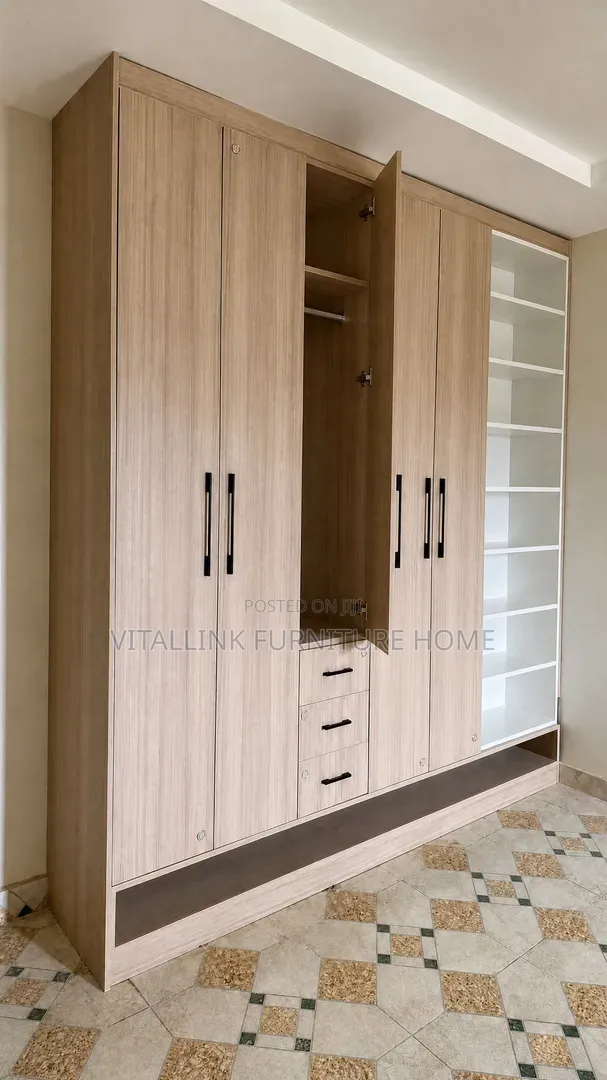 Large Light Wood Wardrobe With Display Shelves Drawers
