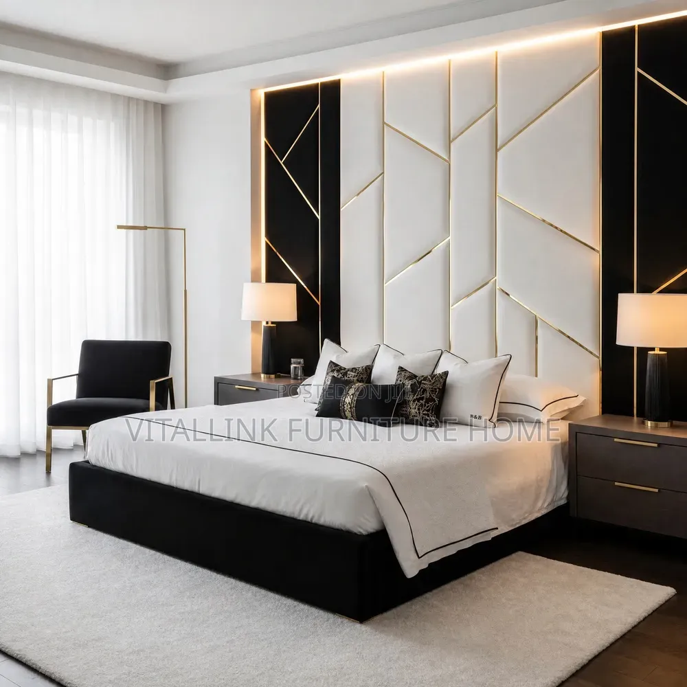 Luxury Modern Bed With Geometric Wall Panel LED Lighting