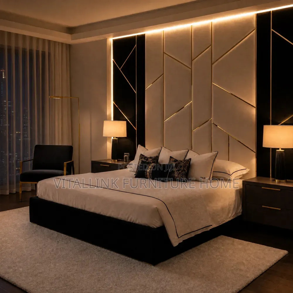 Luxury Modern Bed With Geometric Wall Panel LED Lighting