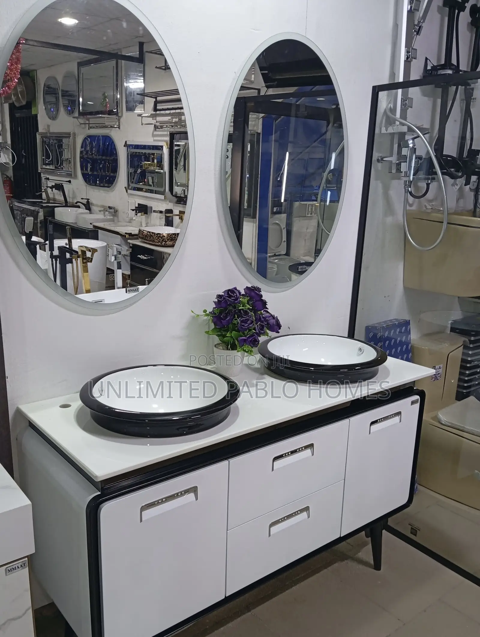 Double Cabinet Basin Set, With Oval Mirrors