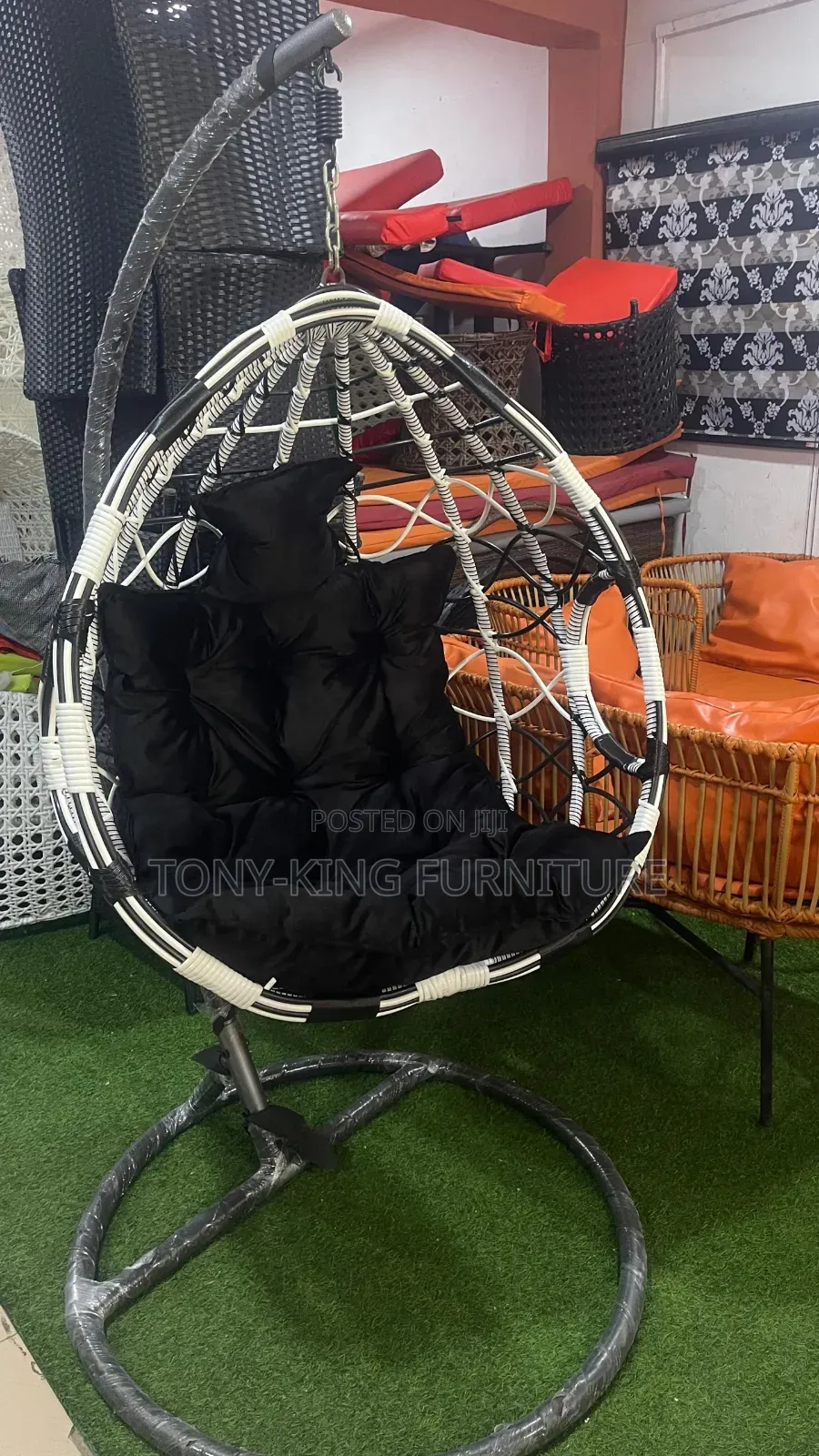 Luxury Black and Orange Rattan Egg Hanging Swing Chair