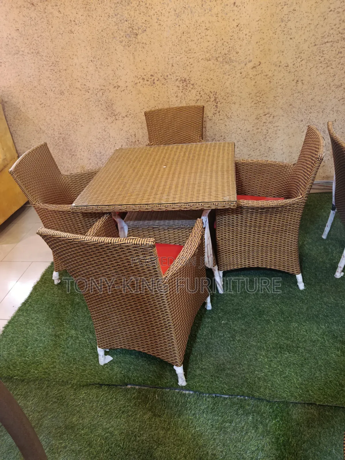Brown Woven Rattan Patio Dining Set Square Table by 4-Seater
