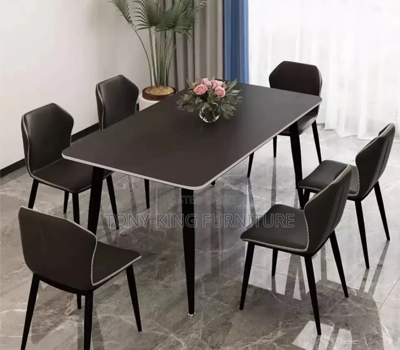 Six-Seater Modern Marble-Top Dining Set With Black Metal Legs