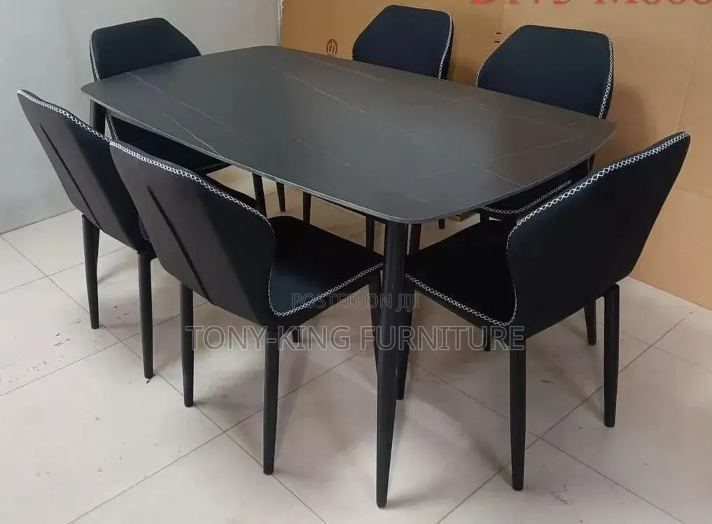 Six-Seater Modern Marble-Top Dining Set With Black Metal Legs