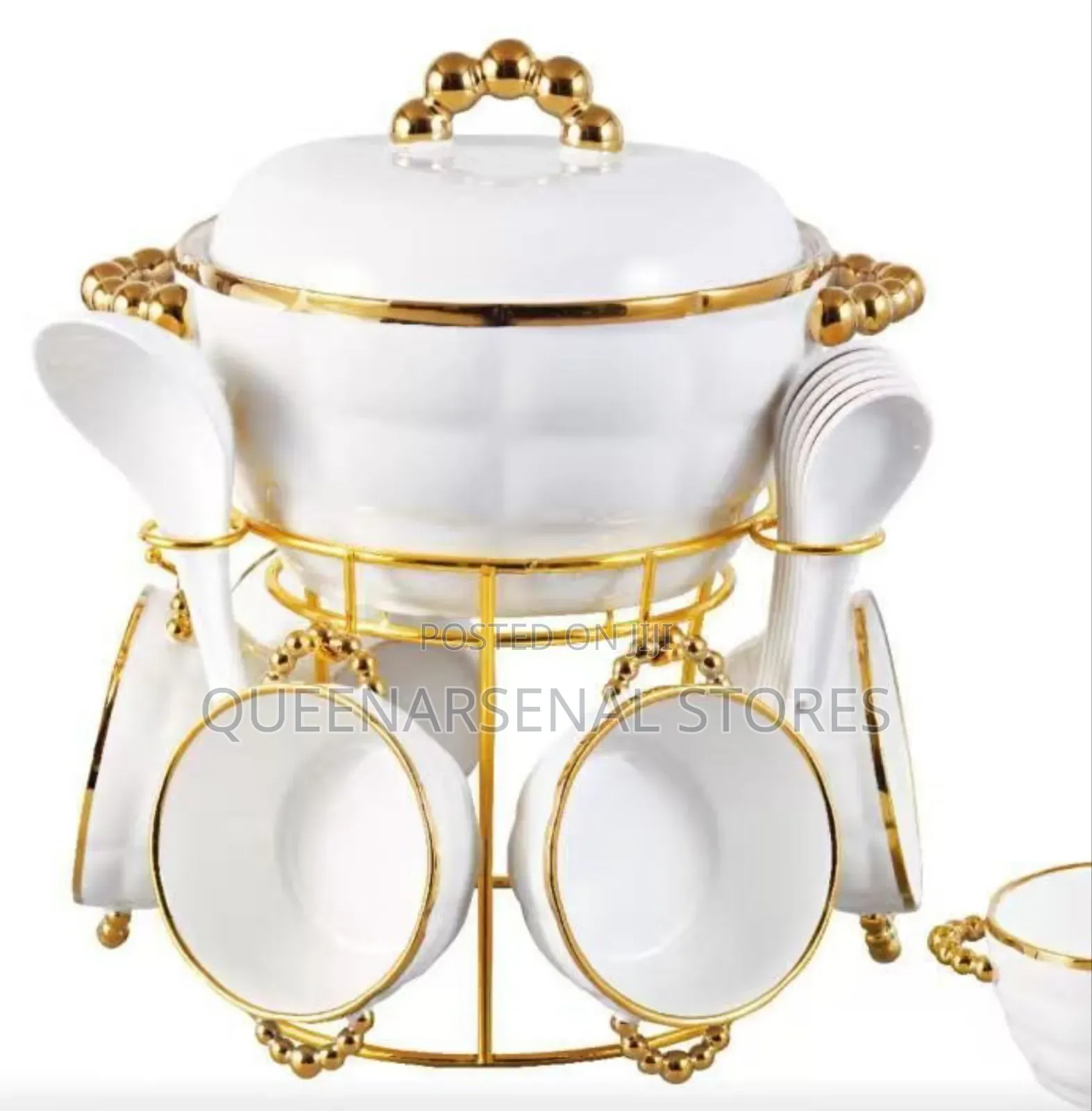 Luxury Gold Ceramic Soup Pot With Soup Bowls Spoons
