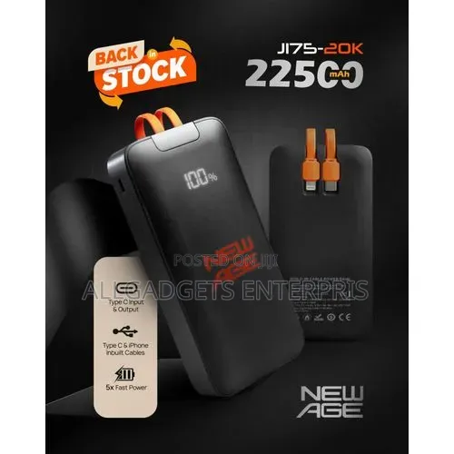 Newage Power Bank 22500 Maah 22.5W IOS/ TypeC Inbuilt Cables J175