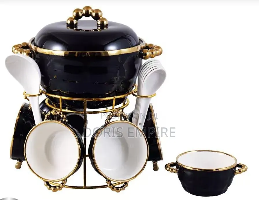 Luxury Gold Ceramic Soup Pot With Soup Bowls Spoons 