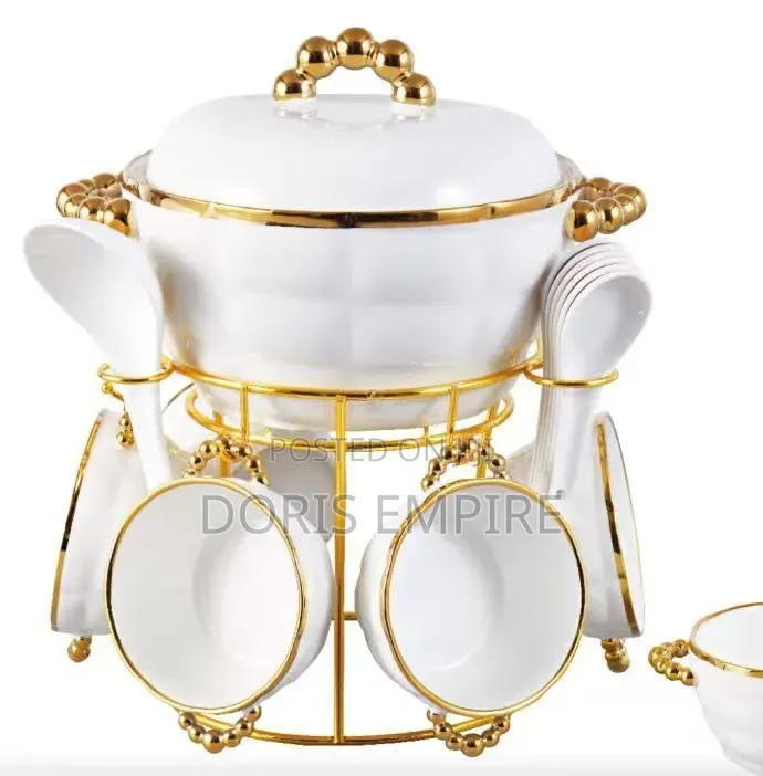 Luxury Gold Ceramic Soup Pot With Soup Bowls Spoons 