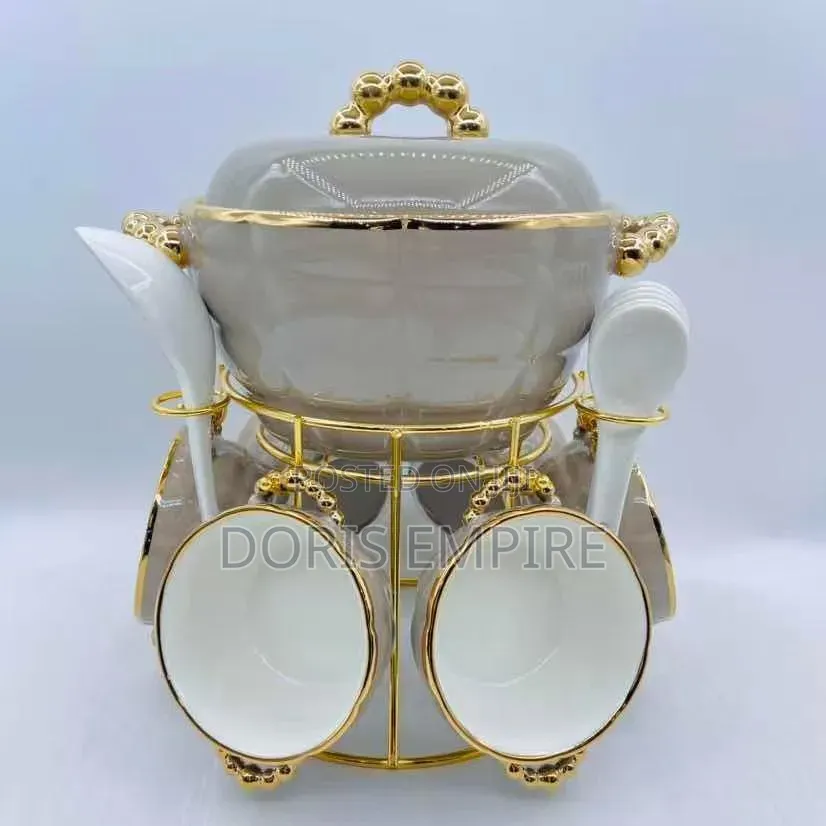 Luxury Gold Ceramic Soup Pot With Soup Bowls Spoons 