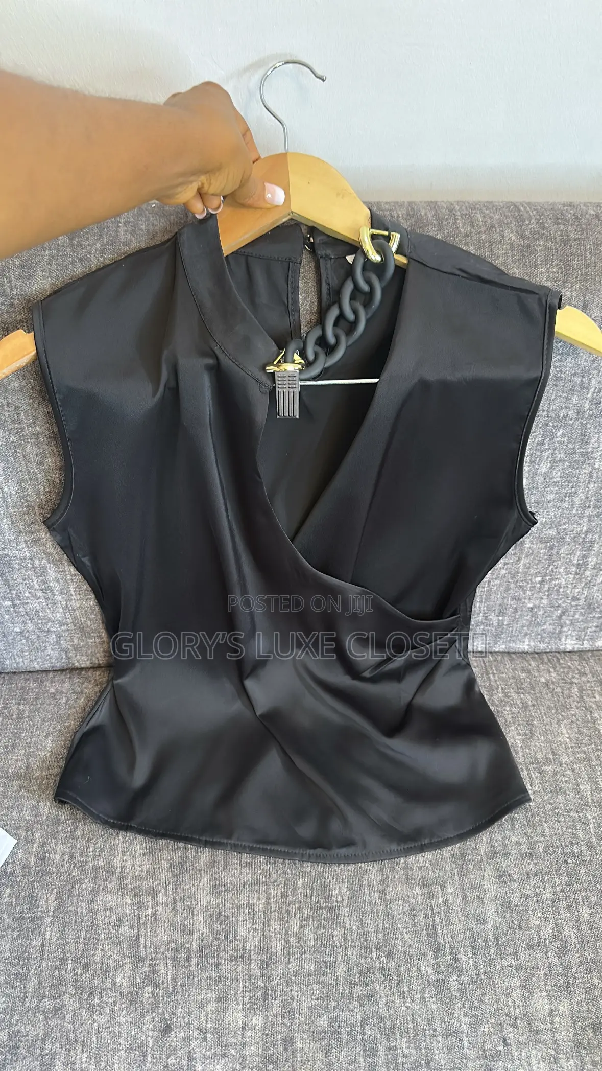 Black Satin Cowl-Neck Sleeveless Top With a Draped/Wrap-Style Front.
