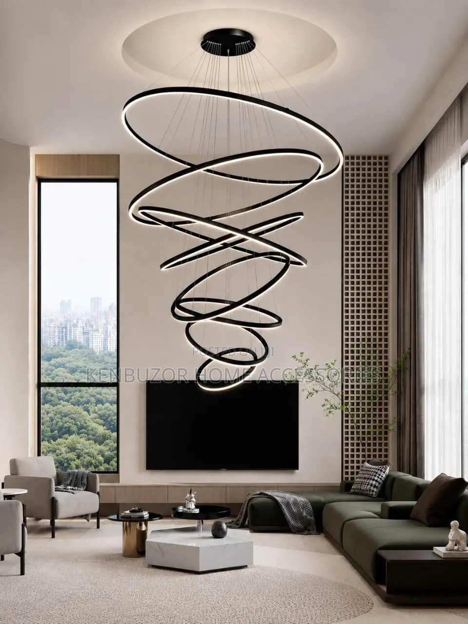 In Black and Gold. 1200mm 8-Ring Pendant Chandelier