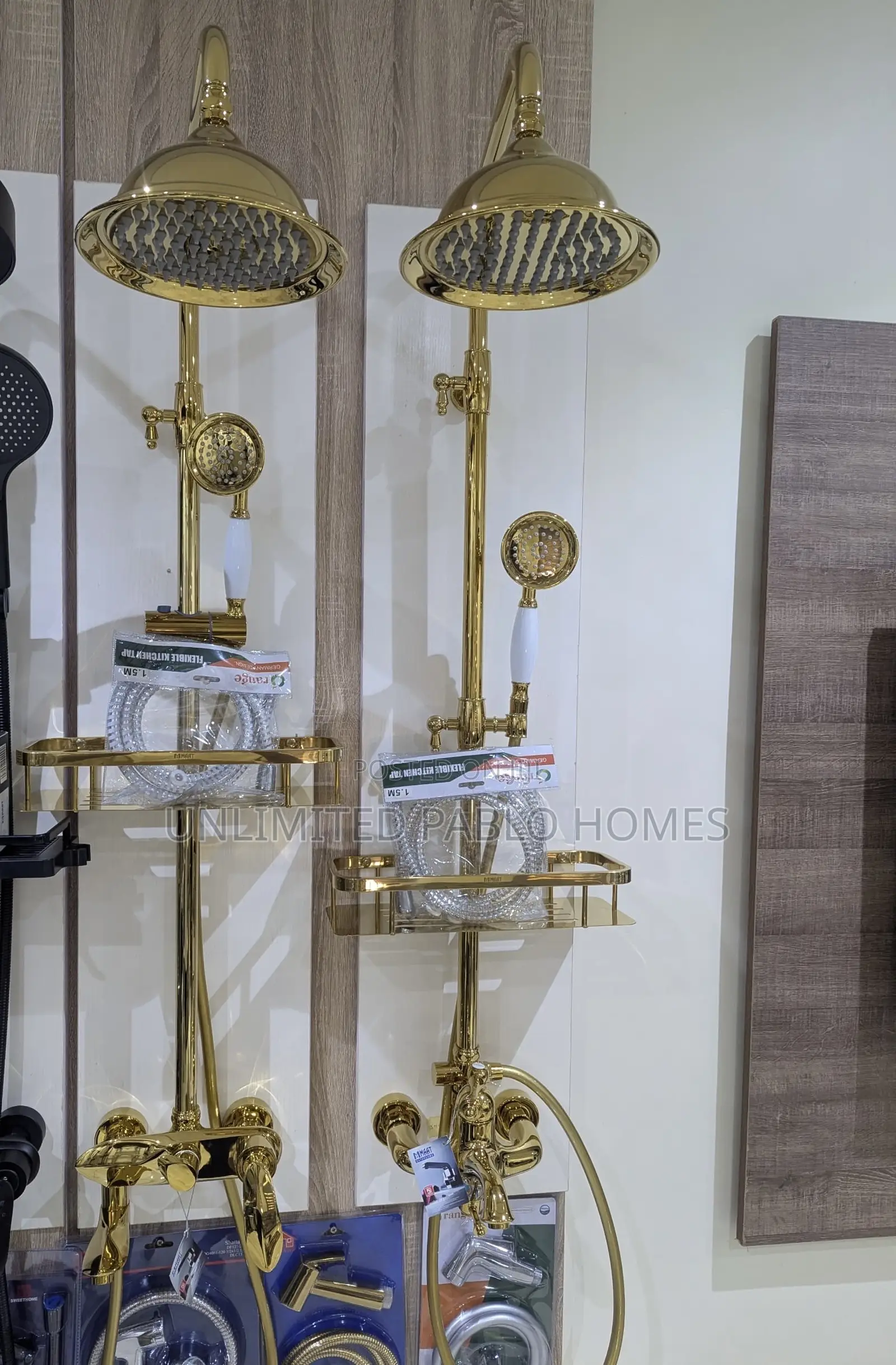 Gold Standing Shower Mixer Set With Storage Shelf