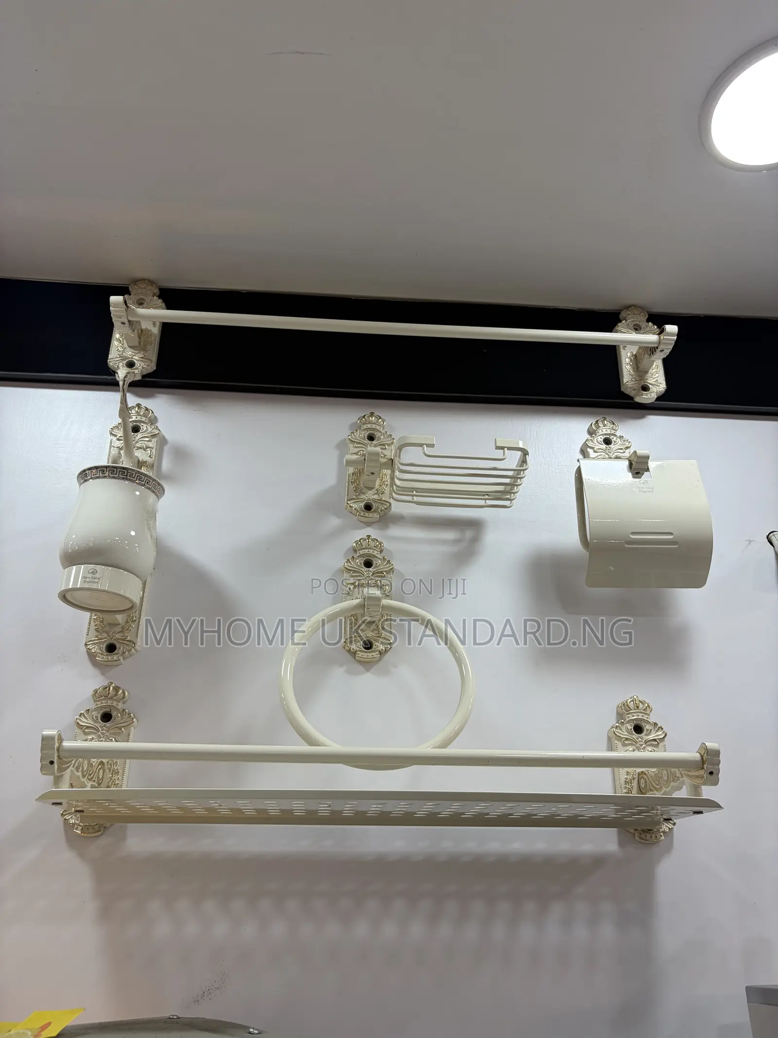 White and Gold Complete Toilet Accessories Set
