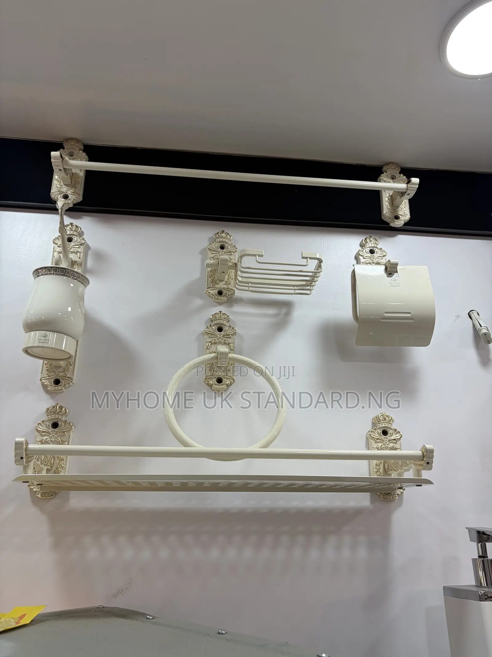 White and Gold Complete Toilet Accessories Set