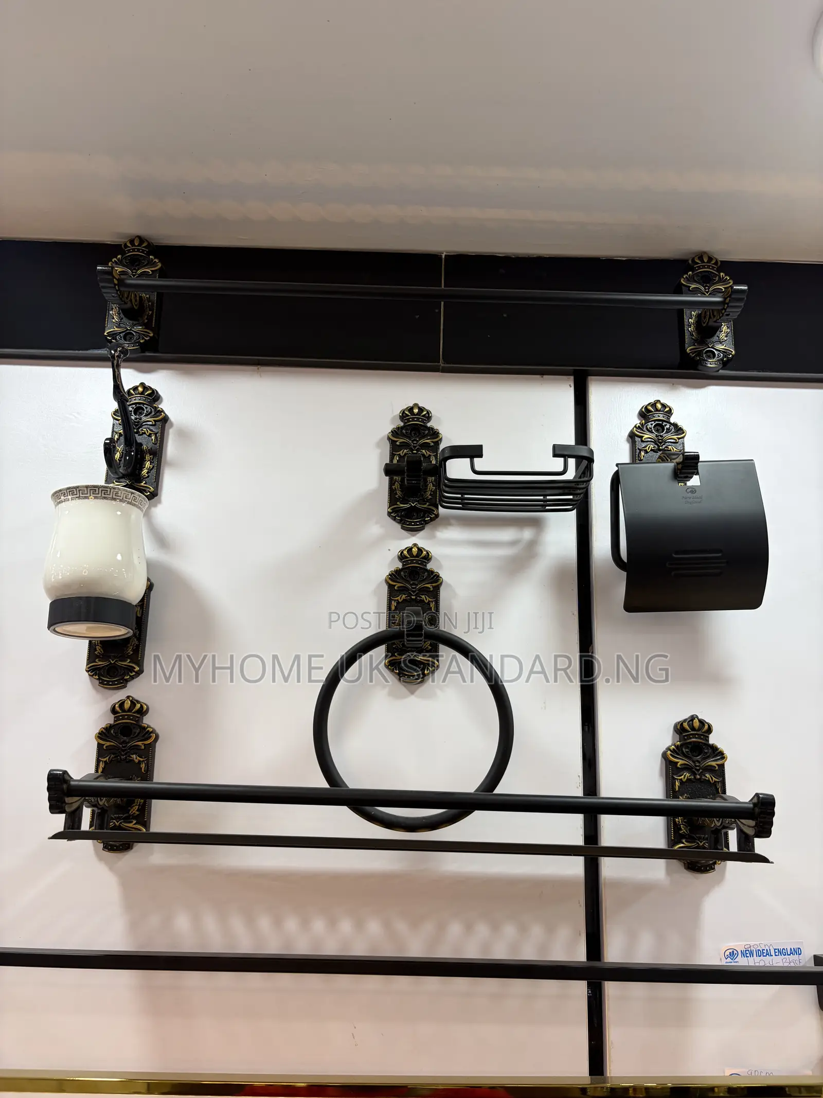 White and Gold Complete Toilet Accessories Set