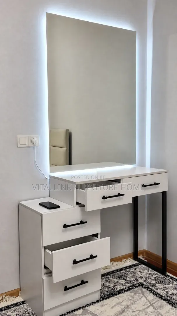 Modern White Vanity Desk With Large LED Mirror 5 Drawers