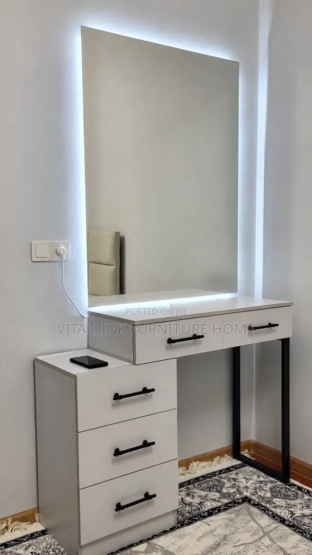 Modern White Vanity Desk With Large LED Mirror 5 Drawers