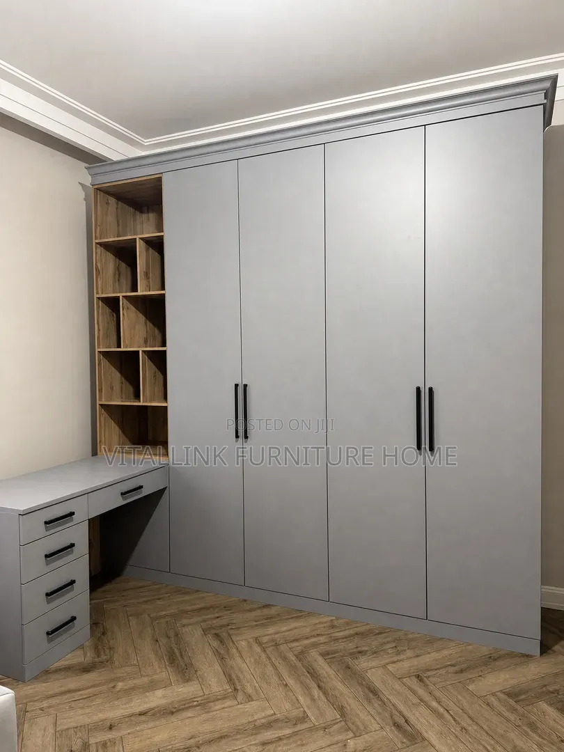 Custom Grey Wardrobe With Integrated Dressing Table Wood Shelves
