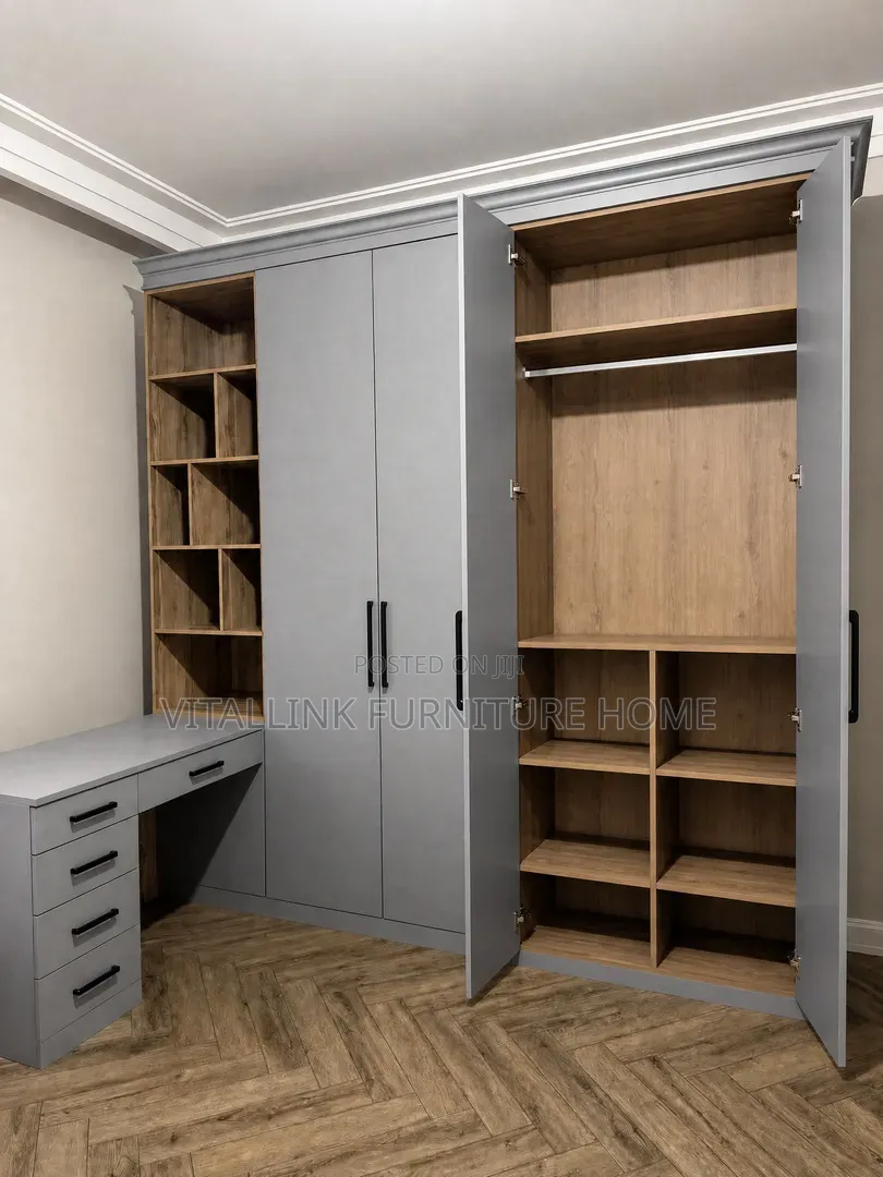 Custom Grey Wardrobe With Integrated Dressing Table Wood Shelves