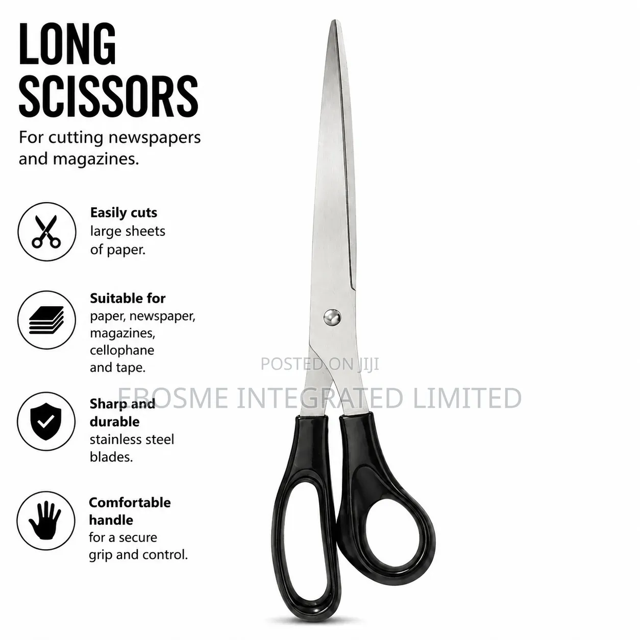 25cm Long Stainless Steel Scissors With Black Handle
