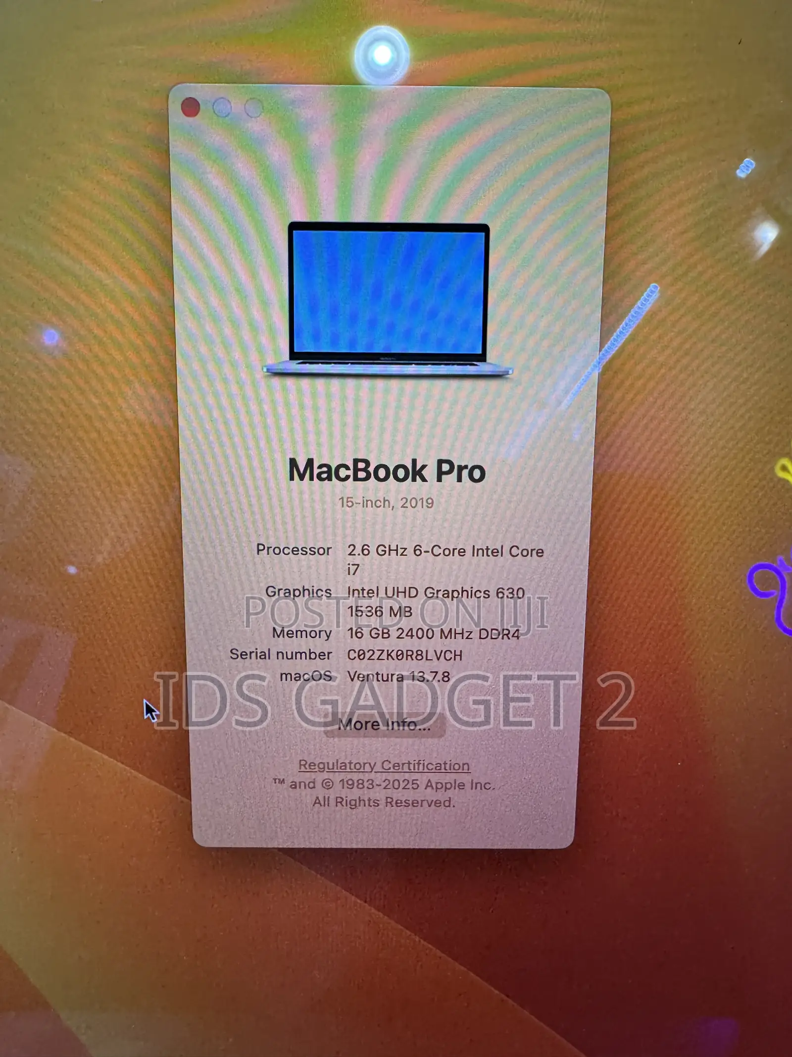 Laptop Apple MacBook Pro 2019 16GB Intel Core i7 SSD 256GB