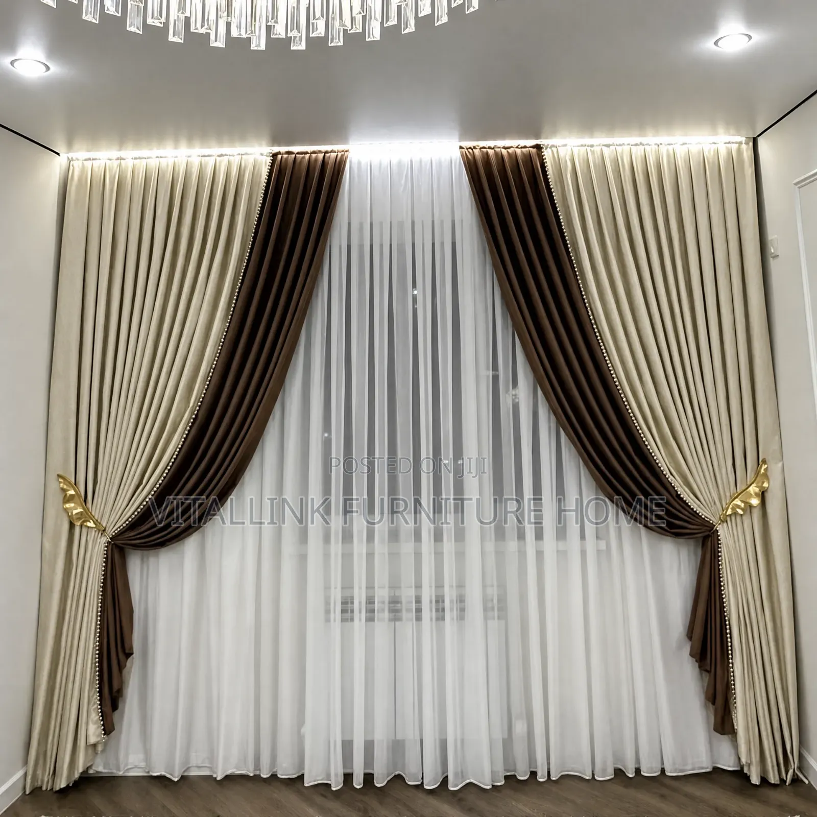 Luxury 3-Layer Curtain Set With LED Track Gold Tiebacks