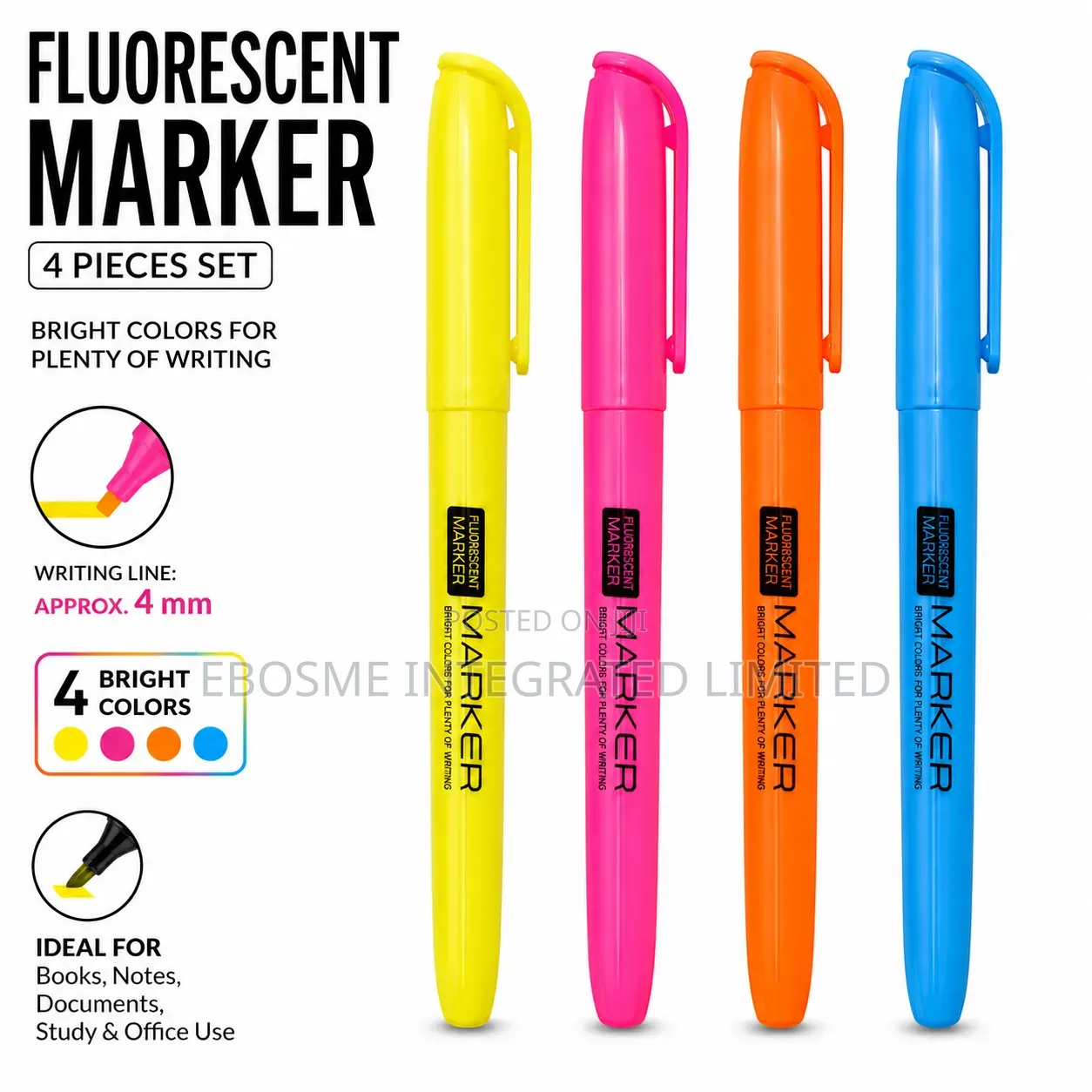 4pcs Fluorescent Highlighter Marker Set – Assorted Colors