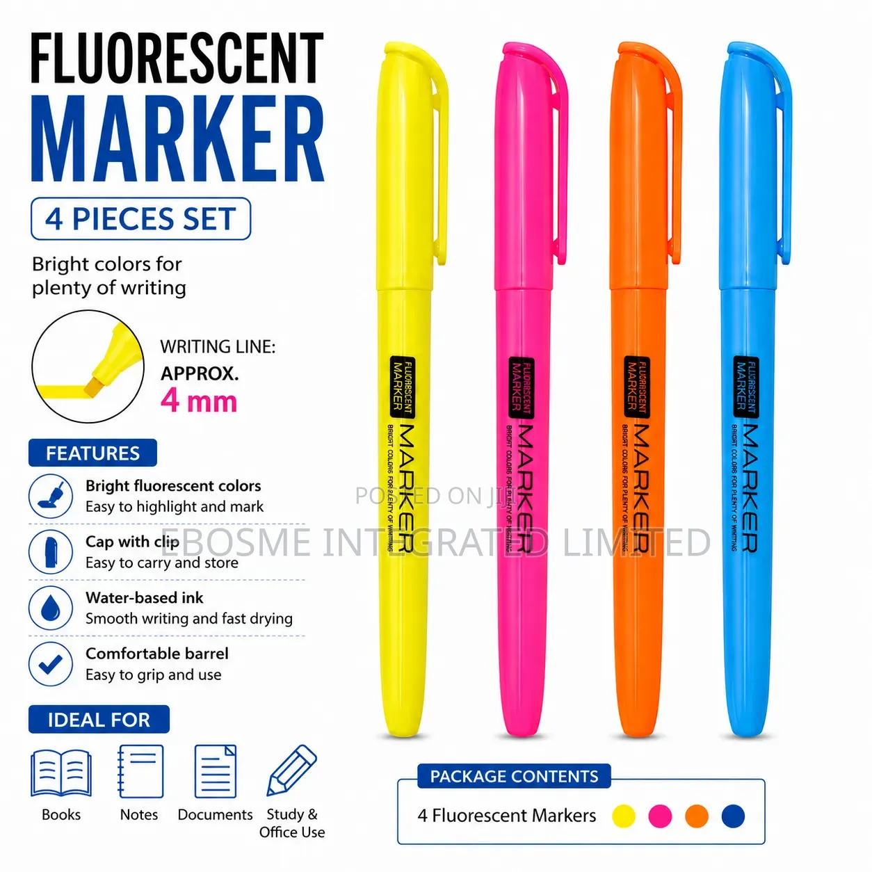 4pcs Fluorescent Highlighter Marker Set – Assorted Colors