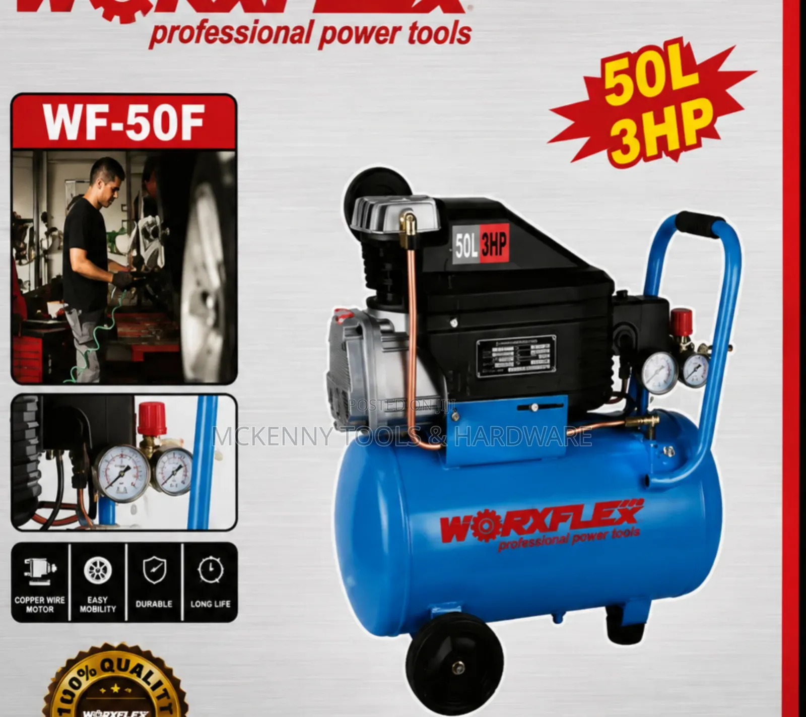 Worxflex 50L Air Compressor - 3HP Professional Power Tool (Brand New)