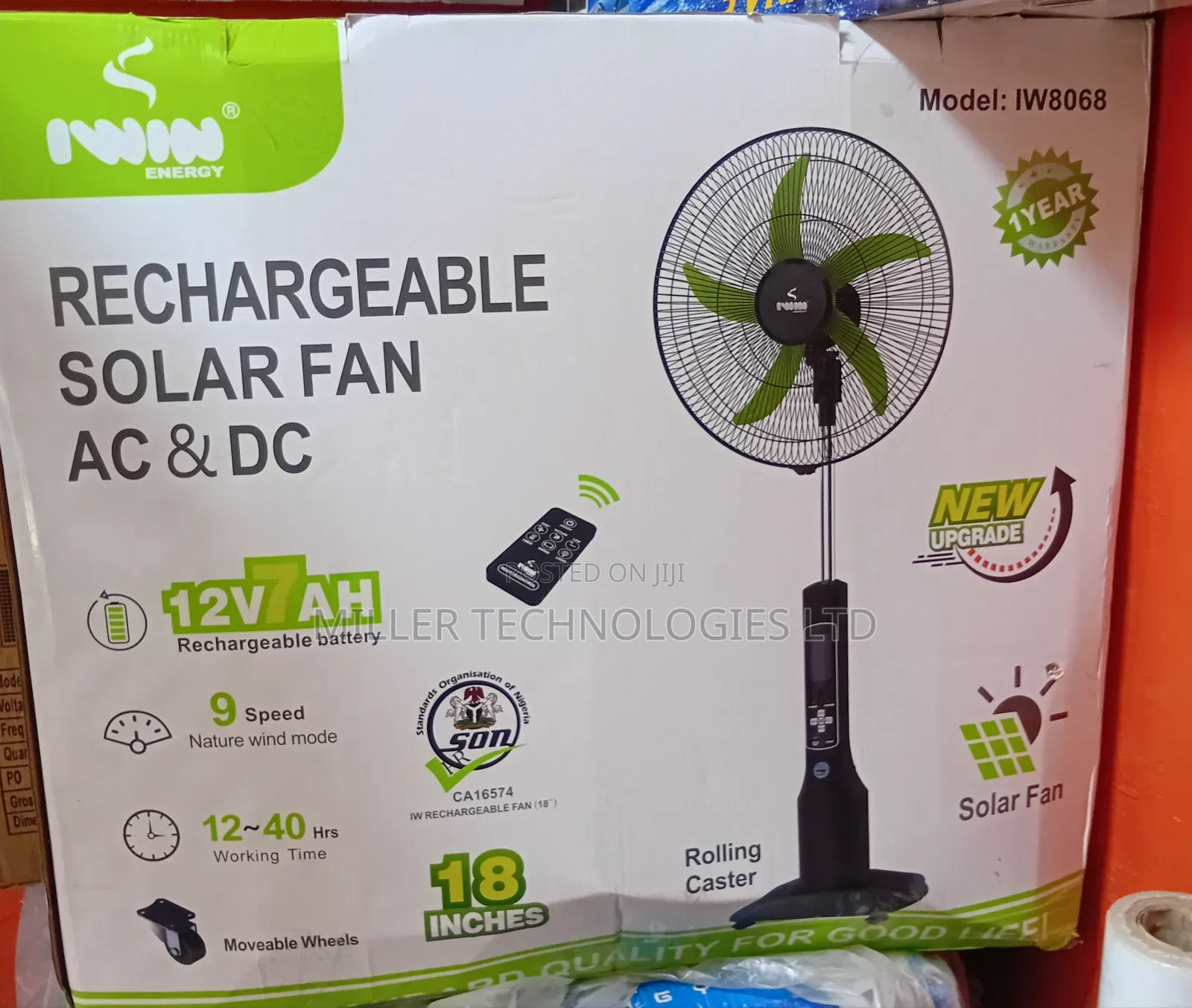 New Upgrade Iwin Rechargeable Solar Fan 18inches