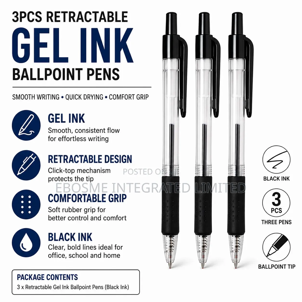3pcs Retractable Black Gel Ink Ballpoint Pens